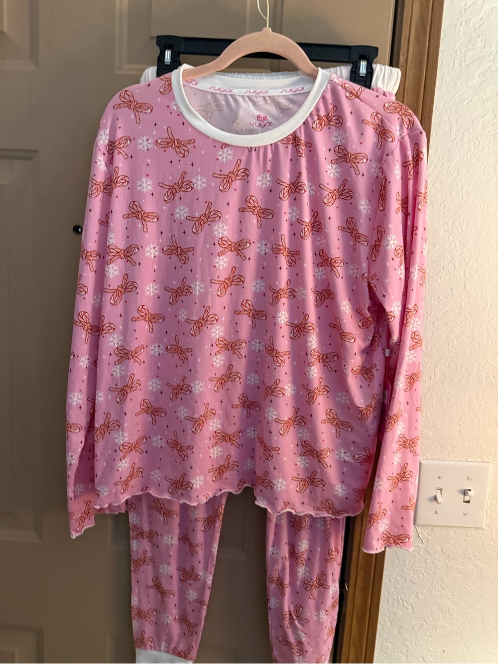 Sugar Pink Candy Cane  Bow & Snowflake Pajama Set